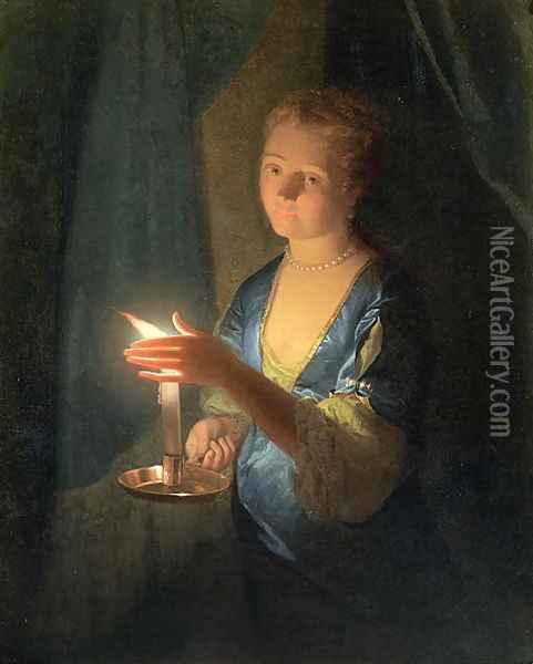 A Lady holding a Candle Oil Painting - Godfried Schalcken