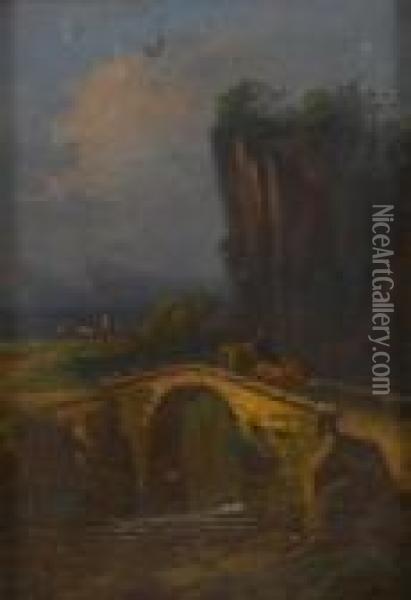 Mountainous Landscape And Drover With Cattle Crossing A Bridge Oil Painting - Peeter Bout