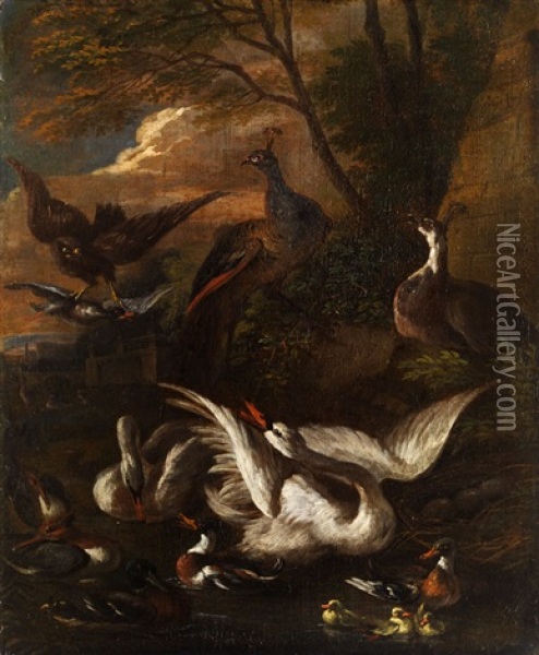 Federvieh In Abendlicher Landschaft Mit Raubvogel Oil Painting - Adriaen Greyff