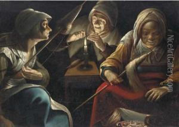 Three Women Working Wool Oil Painting - Matthias Stomer