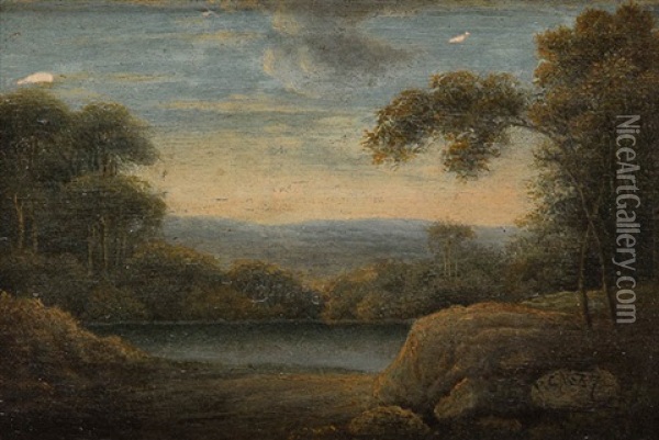 Landschaft Am See (+ Landschaft Mit Ruine; 2 Pair) Oil Painting - Barend Cornelis Koekkoek