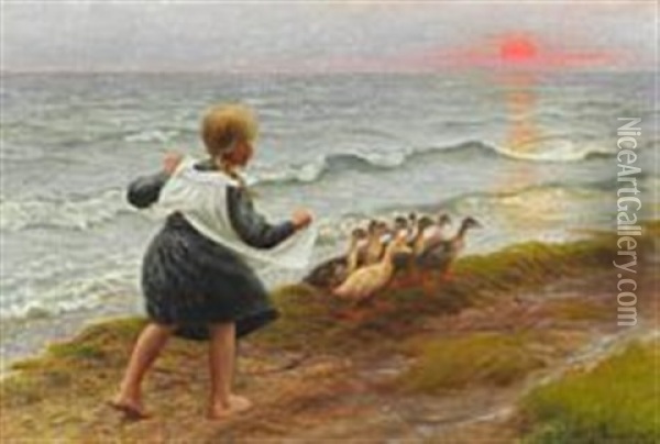 A Little Girl Chasing Ducks On The Beach At Sunset Oil Painting - Hans Ole Brasen