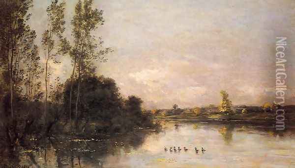 Ducklings in a River Landscape Oil Painting - Charles-Francois Daubigny