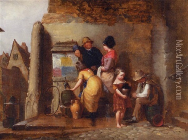 At The Pump, Scarborough Oil Painting - Thomas Chambers