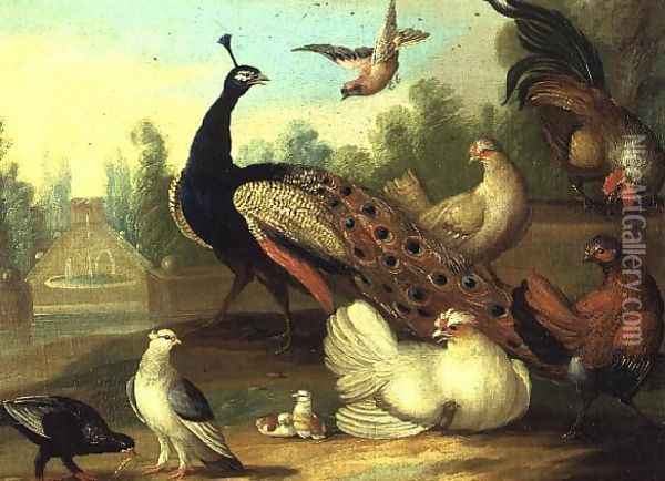A Peacock Doves Chickens and a Jay in a Park Oil Painting - Marmaduke Craddock