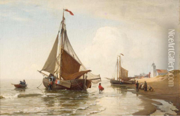 Unloading The Catch, Katwijk Aan Zee Oil Painting - Julius Huth