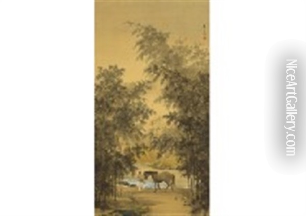 Bamboo Woods And Horse Oil Painting - Tanaka Raisho