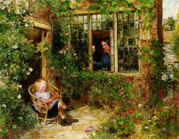 Girls In The Cottage Garden Oil Painting - Charles James Lewis
