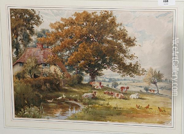 Cattle By A Cottage And Pond Oil Painting - Charles James Fox