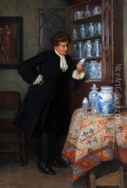 A Collector Before His Cabinet Of Chinese And Delft Blue And White Porcelain Oil Painting - Charles Edward Richardson