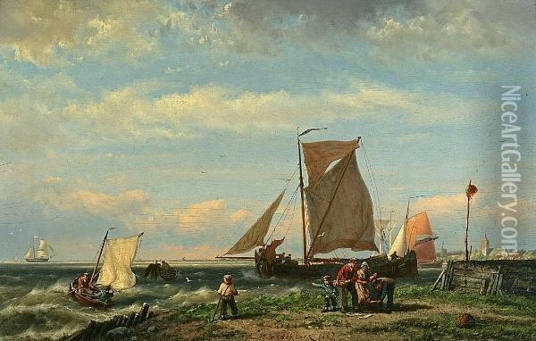 Harbor Scene With A Stormy Sea Oil Painting - Johannes Hermann Barend Koekkoek
