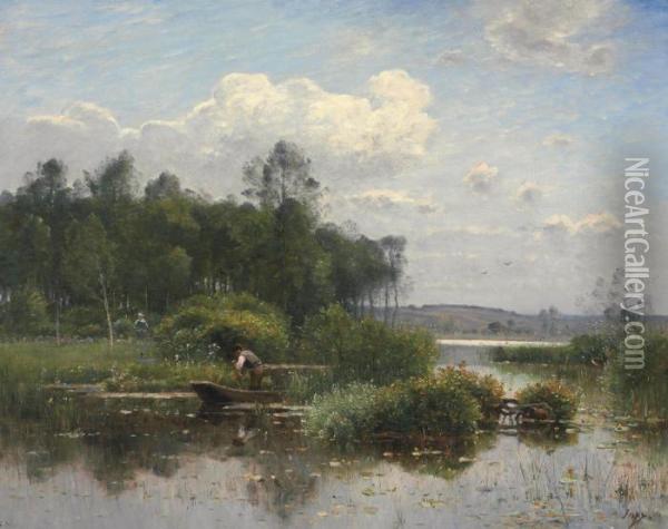 A Boatman In An Extensive River Landscape Oil Painting - Louis-Aime Japy