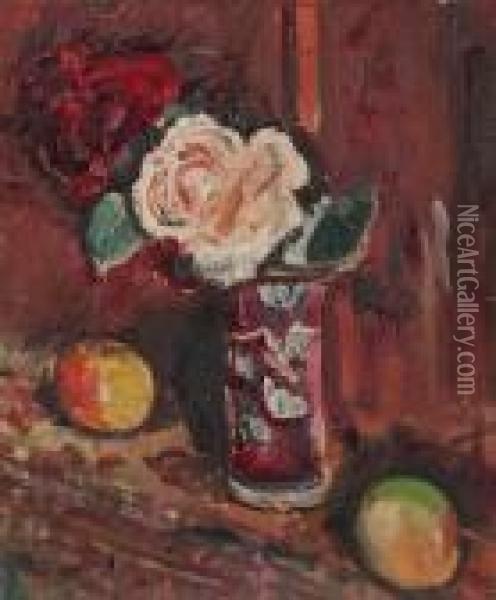 Still Life Of Cream And Red Roses And Fruit Oil Painting - George Leslie Hunter