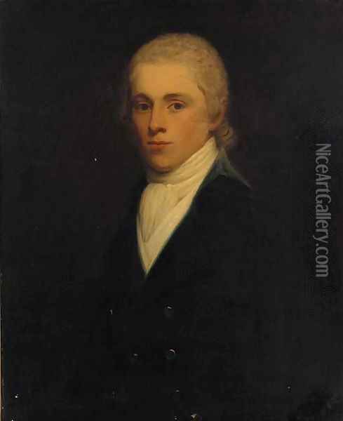 Portrait of a gentleman, traditionally identified as Sir John Twung, bust-length, in a black jacket and white cravat Oil Painting - John Hoppner