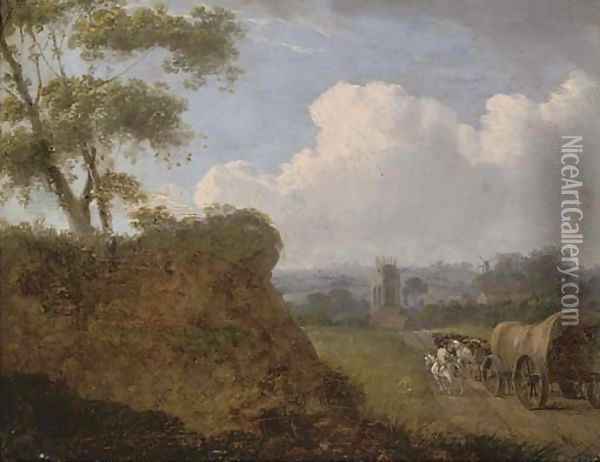 Travellers approaching a village Oil Painting - James Leakey