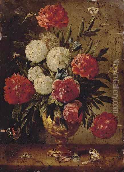 Roses, carnations, morning-glory and other flowers with ants in a gold sculpted urn, with a caterpillar and butterflies on a wooden ledge Oil Painting - Jan van Kessel