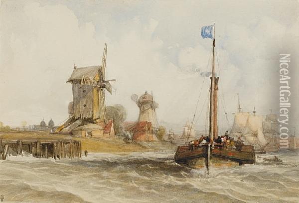 Windmills On The Thames Near Greenwich Oil Painting - Alfred Gomersal Vickers