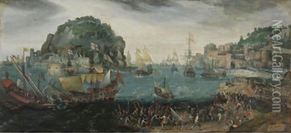 A Rocky Coastal Landscape With A Skirmish Between English Vessels And Galleys Oil Painting - Adam Willaerts