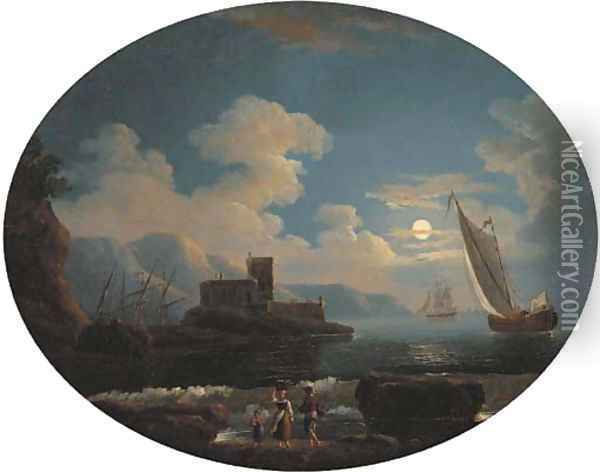 A Mediterranean coastal inlet with shipping by moonlight Oil Painting - Jean-Baptiste Pillement