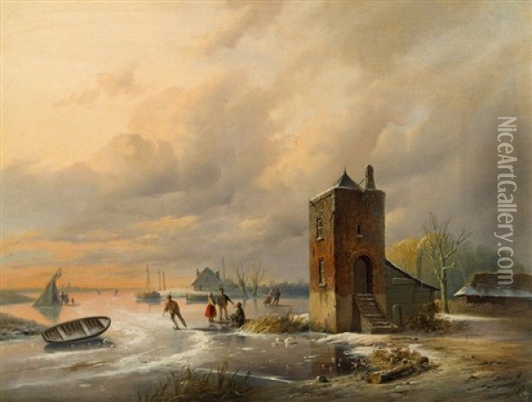 Winterlandschaft Mit Eislaufern Oil Painting - Pieter Hendrik Lodewijk Jonxis
