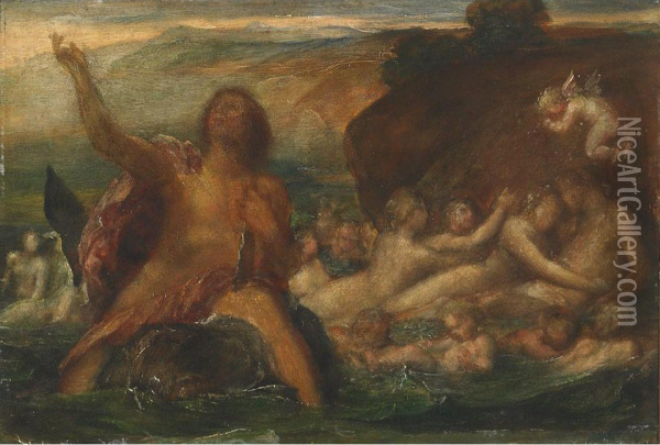 Neptune Riding A Dolphin With Nereids, Tritons And Cherubs Ridingthe Swell Oil Painting - Arnold Bocklin