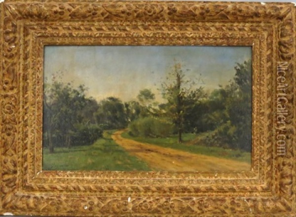 Barbizon Landscape, Dirt Road Through Trees Oil Painting - Stanislas Lepine