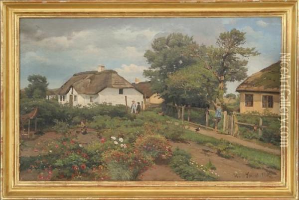 A Summer Scenery With Children 
In The Vegetable Gardens. Signed Hans Smidth And On The Back Dated 1903 Oil Painting - Hans Ludvig Smidth