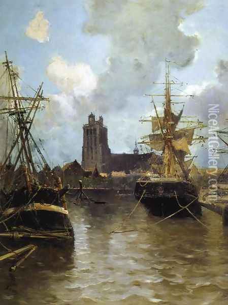 Dordrecht Harbor Oil Painting - Frank Myers Boggs