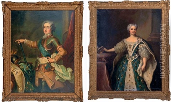 Portrait De Louis Xv En Armure; Portrait De Marie Leszczynska, Reine De France (2 Works) Oil Painting - Jean-Baptiste van Loo