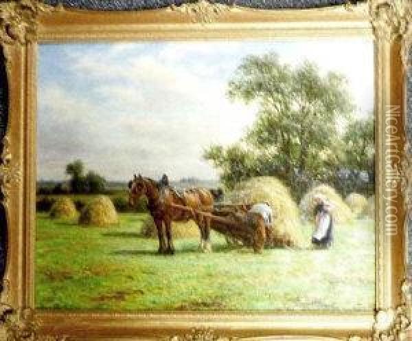 A Man And Woman Loading Hay Onto A Cart Oil Painting - Joseph Dixon Clark