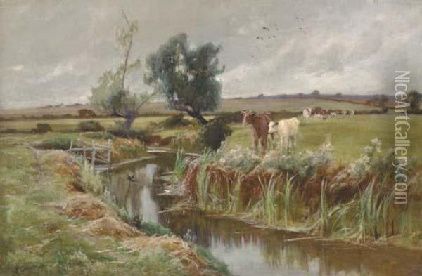 Cattle By A Stream Oil Painting - Arthur Walker Redgate