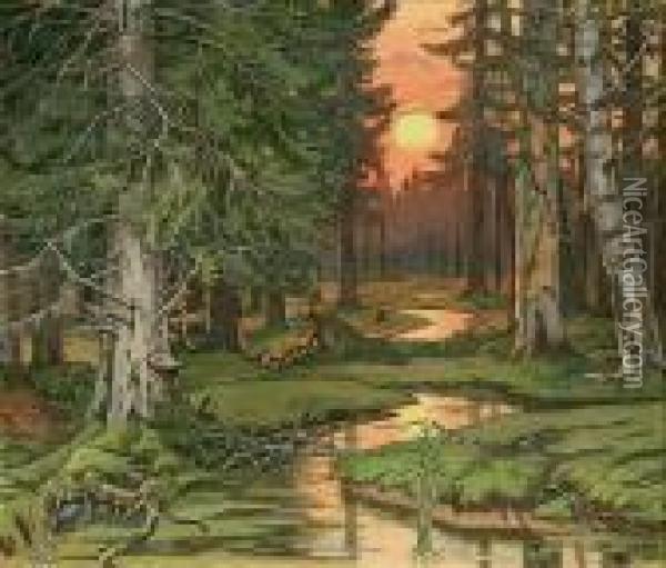Fairy Forest Atsunset. Oil Painting - Ivan Iakovlevich Bilibine
