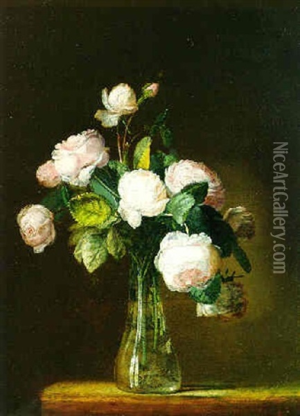 Still Life Of Roses In A Glass Vase On A Stone Ledge Oil Painting - Jean Louis Prevost