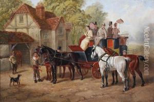 Changing Horses On A Passenger Coach Oil Painting - Edward Benjamin Herberte