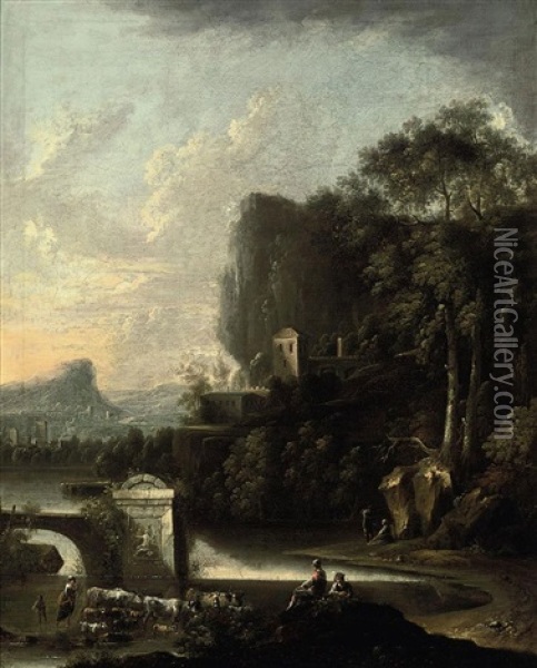 A Wooded River Landscape With Drovers Beside Classical Ruins, A Village Beyond Oil Painting - Claude Louis Chatelet