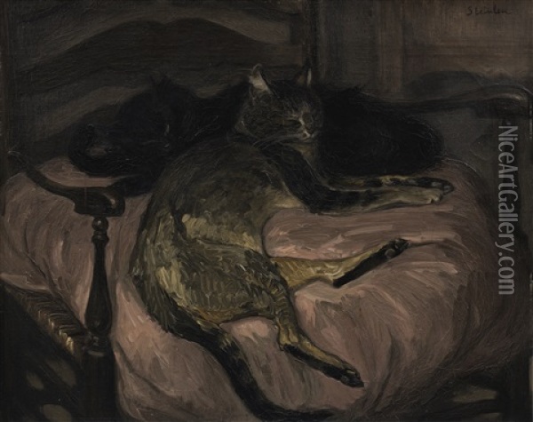 Deux Chats Se Reposant Dans Un Fauteuil Oil Painting - Theophile Alexandre Steinlen