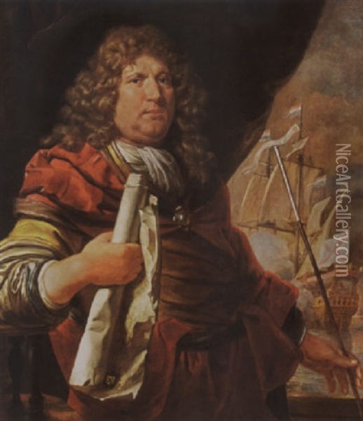 A Portrait Of Vice-admiral Abraham Van Der Hulst, Wearing A Grey-lined Yellow Coat With A Red Cloak And White Chemise Oil Painting - Lodewyck Van Der Helst