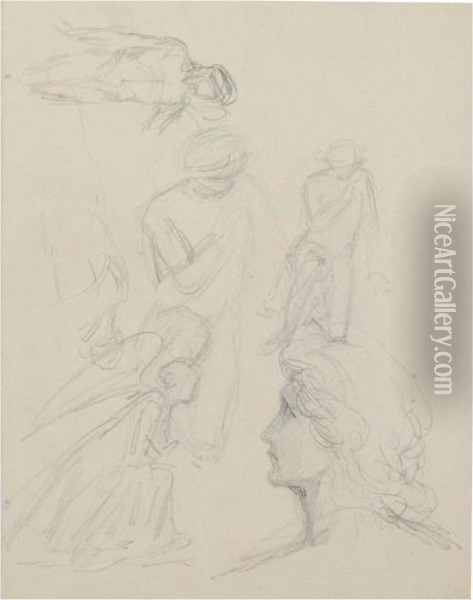 A Sheet Of Studies Including A Head Study Of Samuel Palmer, An Angel, And Other Figures Oil Painting - George Richmond