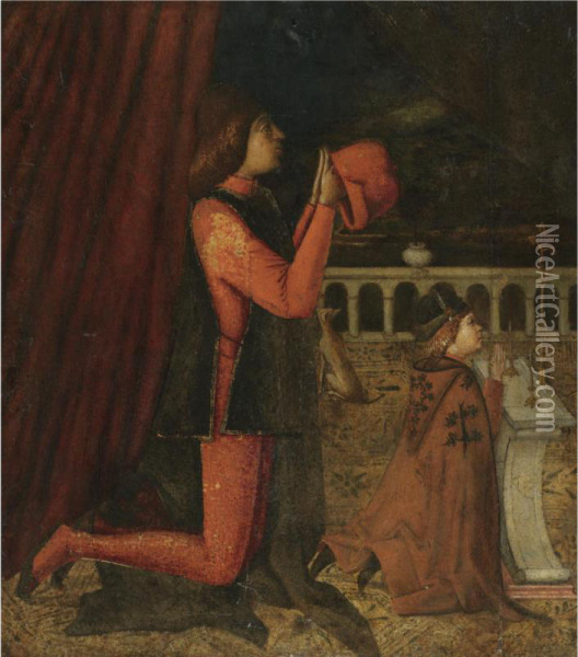 A Gentleman And His Son Kneeling At Prayer Before An Altar Oil Painting - Vittore Carpaccio