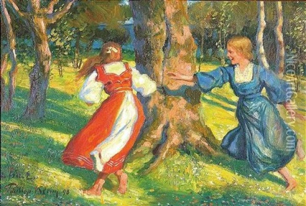 Zwei Spielende Madchen In Sommerlicher Landschaft Oil Painting - Philipp Klein
