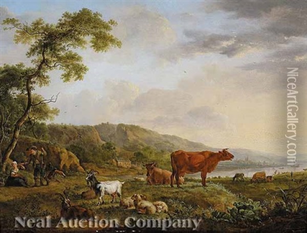 A Rustic Couple With Their Herd, In A Wild Landscape Oil Painting - Pieter Gerardus Van Os