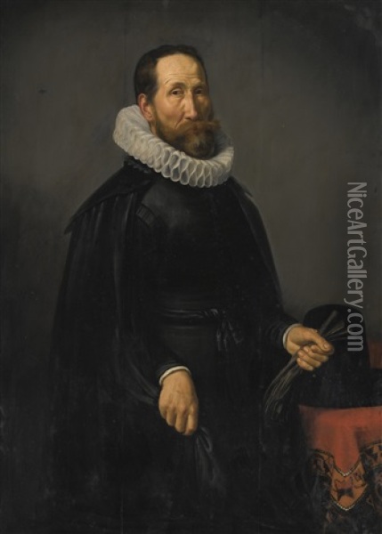 Portrait Of A Gentleman, Three-quarter Length, With A White Ruff And Holding Gloves Oil Painting - Thomas De Keyser