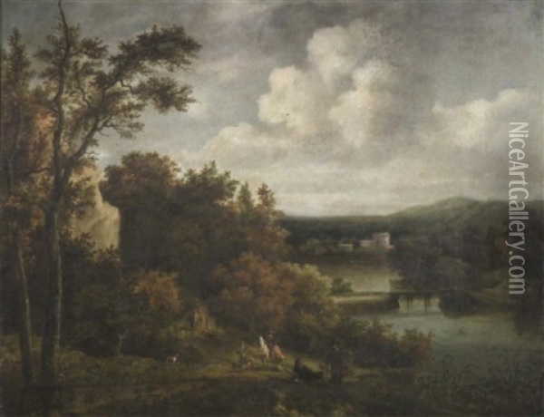Idealisierende Fluslandschaft Mit Jagern Und Einem Vogelfanger Oil Painting - Jacob Van Ruisdael