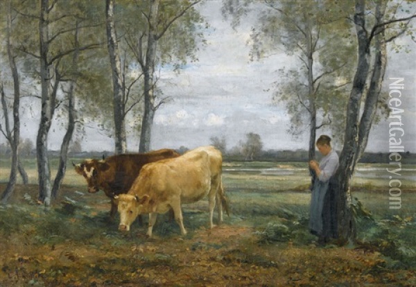 Strickende Bauerin Mit Zwei Kuhen Oil Painting - Leon Barillot