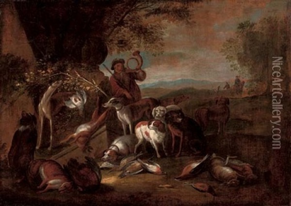 A Hunting Party At Rest With The Kill Under A Tree Oil Painting - Adriaen de Gryef