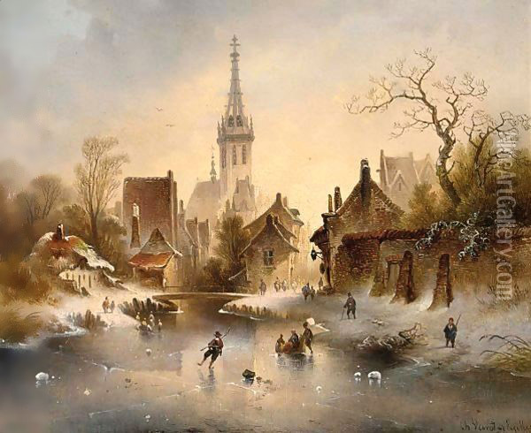A Winter Landscape With Skaters Near A Village Oil Painting - Charles van den Eycken