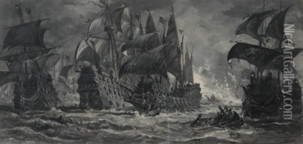 The Sea Battle Oil Painting - James Waltham Curtis