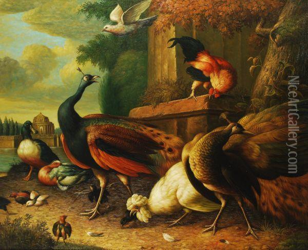 A Peacock And Other Poultry In A Landscape Oil Painting - Melchior de Hondecoeter