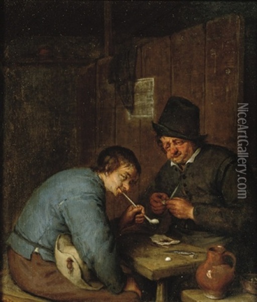 Two Peasants Smoking In An Interior Oil Painting - Adriaen Jansz van Ostade