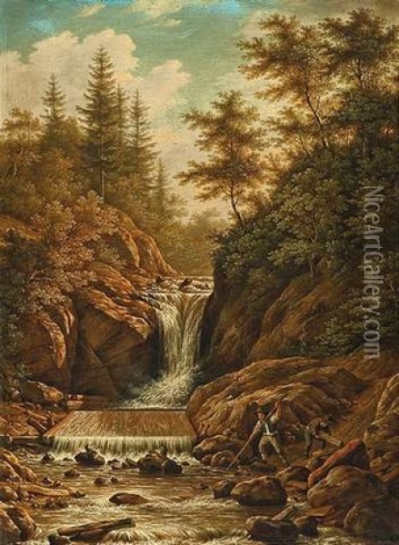 Baumgesaumter Felsiger Flusslauf, Im Vordergrund Bergen Waldarbeiter Holzstamme Aus Dem Wasser Oil Painting - Karl Kuntz